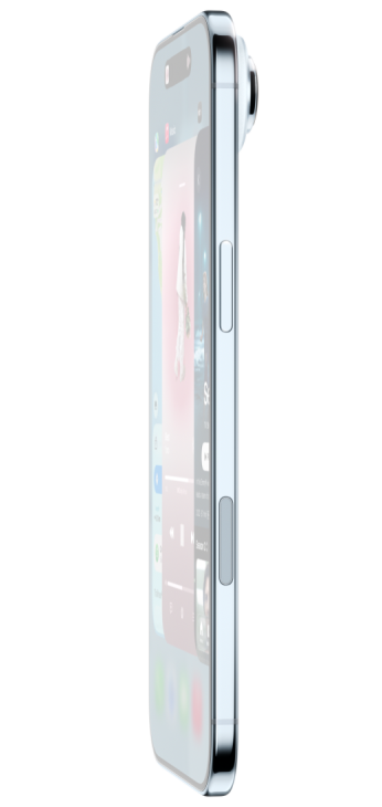 جهاز iPhone Air، الجزء الأمامي الخارجي، الجزء الجانبي الخارجي، مع تطبيقات الخرائط والموسيقى و+Apple TV، تعرض ميزة مُبدّل التطبيقات قيد الاستخدام