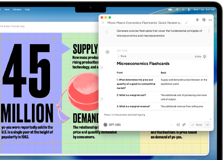 شاشة MacBook Air تعرض أدوات الكتابة في Apple Intelligence وهي تنشئ بطاقات تعليمية عن الاقتصاد الجزئي والاقتصاد الكلي