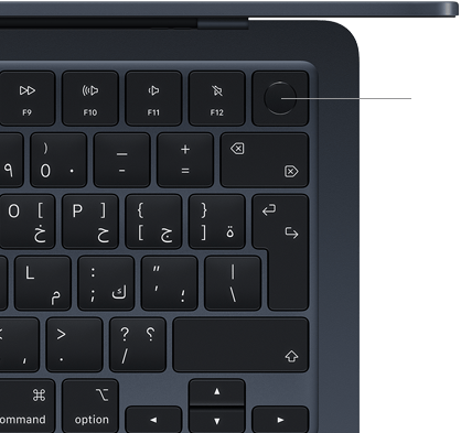 صورة للجانب الأيمن العلوي من لوحة مفاتيح MacBook Air، توضح موضع زر بصمة الإصبع