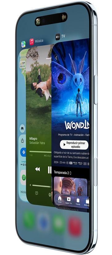Un iPhone Air, parte frontal, parte lateral, con las apps Mapas, Música y Apple TV+, que muestra la funcionalidad Selector de Apps en uso