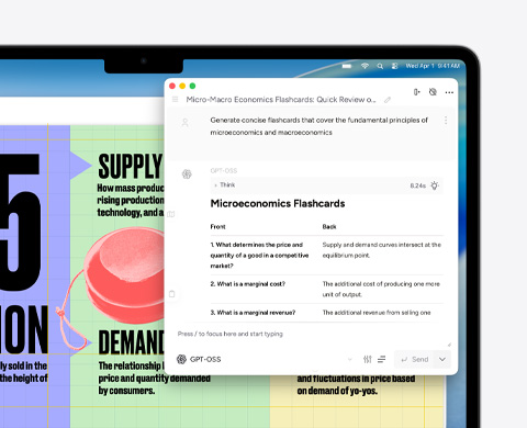 MacBook Air screen showing Apple Intelligence Writing Tools creating flash cards about micro and macro economics