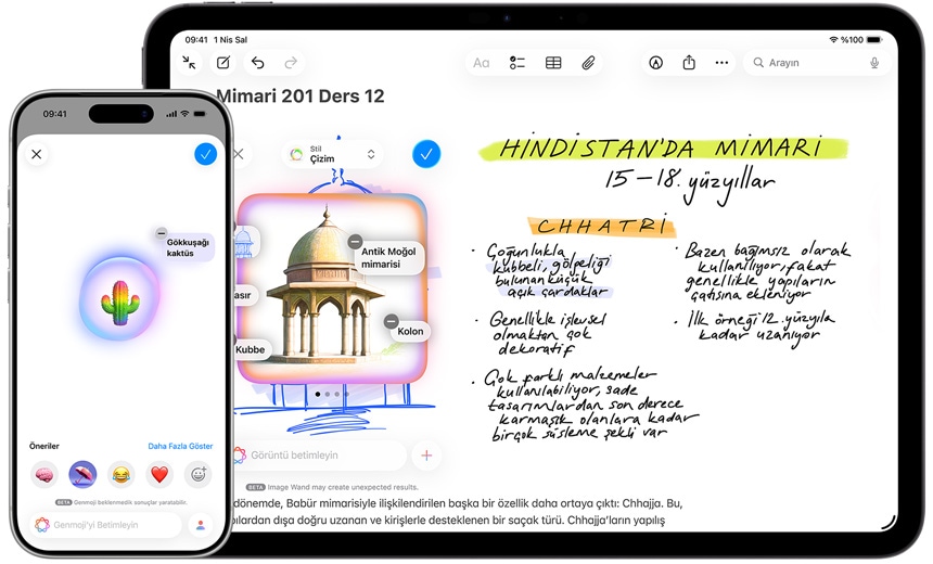 iPhone ve iPad’de, gökkuşağı renklerinde bir kaktüs Genmoji’si oluşturma ve Görsel Sihirbazı ile bir eskizi Babür çardağına dönüştürme işlemleri gösteriliyor.