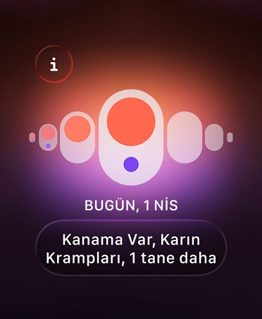 Sağlık uygulamasındaki Döngü İzleme, turuncu ve mor noktalar farklı âdet belirtilerini vurguluyor