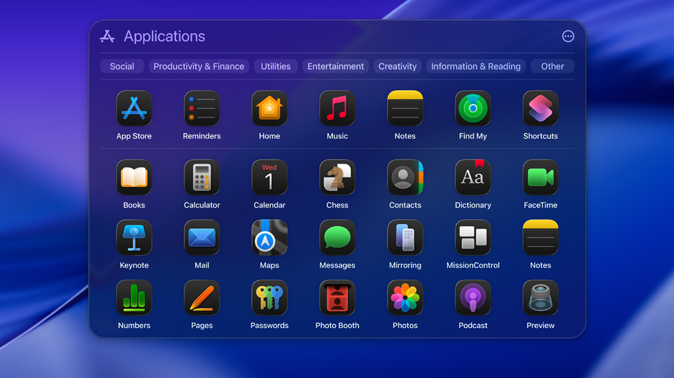 macOS Tahoe 上以格線格式顯示各種 app 的圖像。