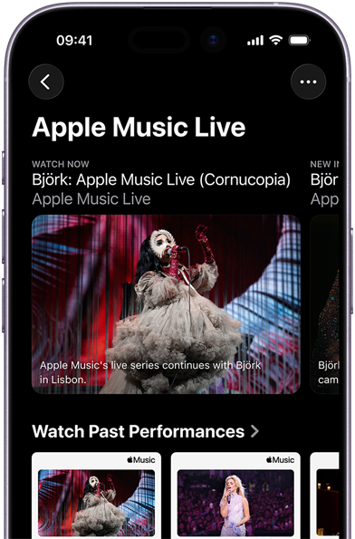 Apple Music Live screen on iPhone showing Watch Now and past performances