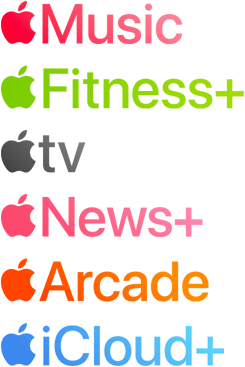 Apple subscription services logotypes including Apple Music, Fitness+, Apple TV+, Apple News+, Apple Arcade, iCloud+
