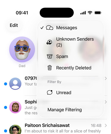 Messages app showing new screening tools feature that now filters unknown numbers into a section called Unknown Senders