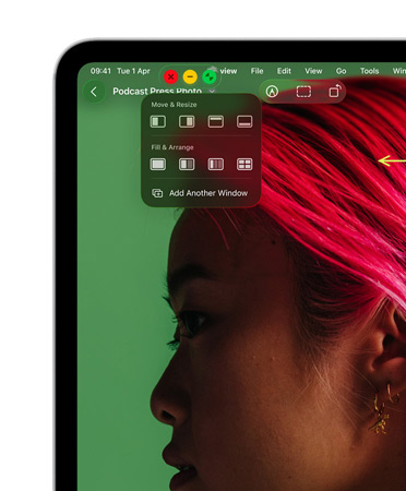 Window controls, with red button to close, yellow button to minimise and green button to zoom, plus options to move and resize or arrange your windows