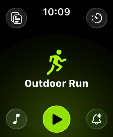 Workout app new layout, green buttons in each corner to access alerts, music, experiences, custom workouts and metrics against a black background. In centre, an icon of a runner in green, with Outdoor Run in white letters below and a green Play button below