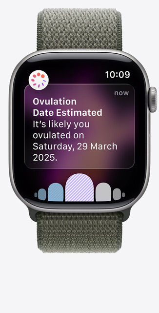 Apple Watch Series 11, Space Gray aluminum case color, Ovulation date esitmation notification from Cycle Tracking in Health app, Digital Crown, band, forest Sport Loop