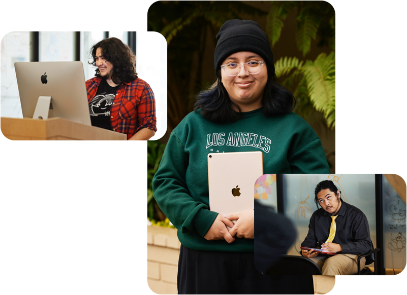 ثلاث صور لطلاب من برنامج Exceptional&nbsp;Minds، أحدهم يعمل على كمبيوتر Mac، والثاني يحمل جهاز iPad جانبه الخلفي موجه نحو الخارج، والآخر يشاهد نموذجاً ويرسم على iPad باستخدام قلم&nbsp;Apple‏