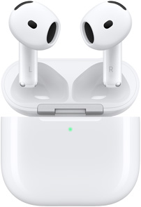 Geopende oplaadcase voor AirPods 4 met twee AirPods erboven.