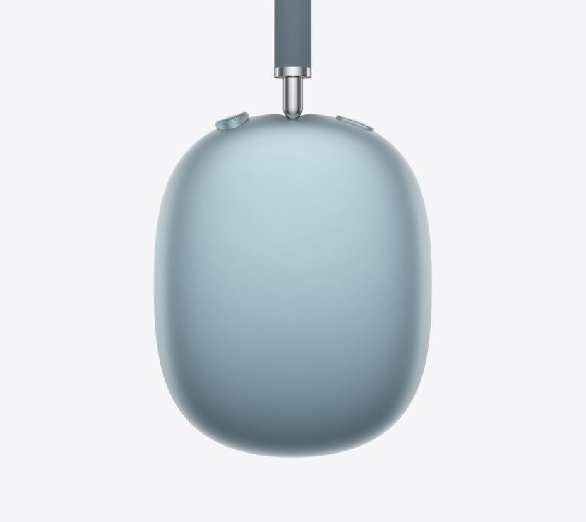 AirPods Max 2 koptelefoon, zijkant, in de kleur blauw, detail van uitschuifbare arm, oorkussen, Digital Crown en knop voor geluidsbeheersing