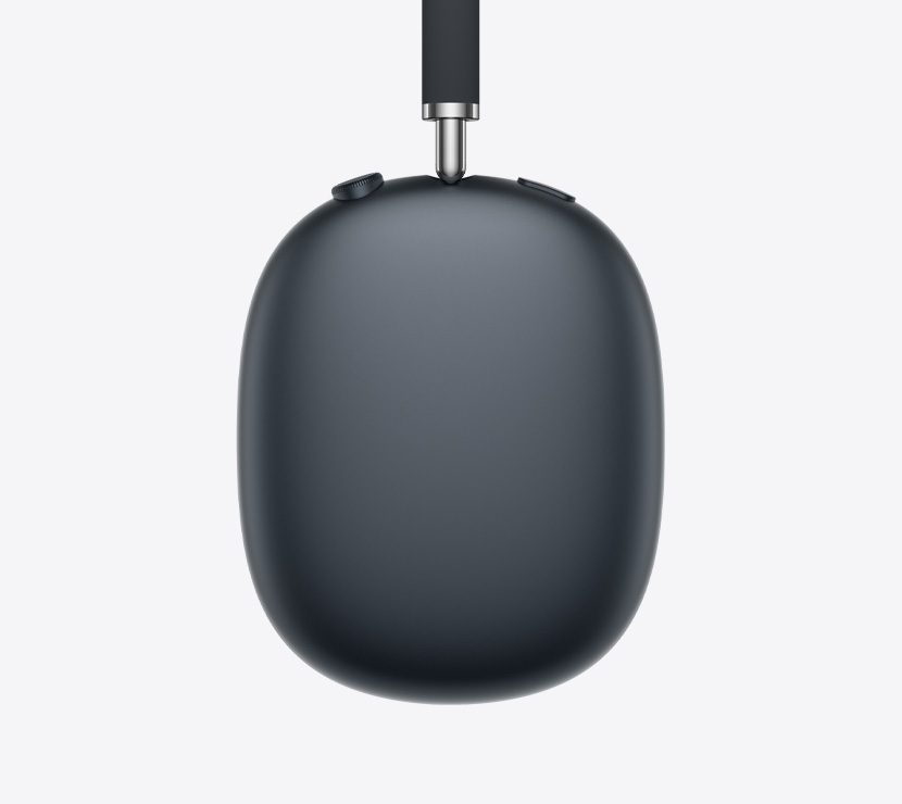 AirPods Max 2 koptelefoon, zijkant, in de kleur middernacht, detail van uitschuifbare arm, oorkussen, Digital Crown en knop voor geluidsbeheersing