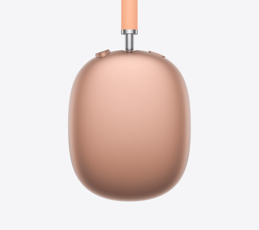 AirPods Max 2 koptelefoon, zijkant, in de kleur oranje, detail van uitschuifbare arm, oorkussen, Digital Crown en knop voor geluidsbeheersing