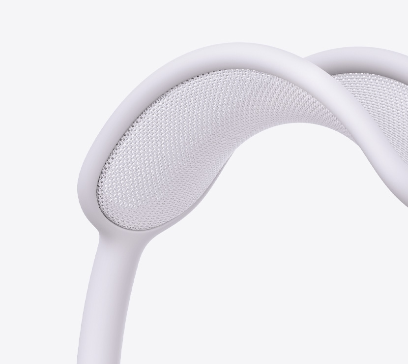 AirPods Max 2 koptelefoon, kleur paars, detail van hoofdband met netstof