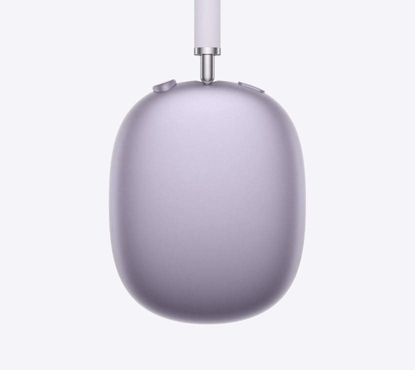 AirPods Max 2 koptelefoon, zijkant, in de kleur paars, detail van uitschuifbare arm, oorkussen, Digital Crown en knop voor geluidsbeheersing