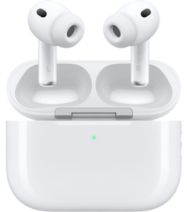 Voorkant van AirPods Pro 3 in oplaadcase met het klepje open, wit