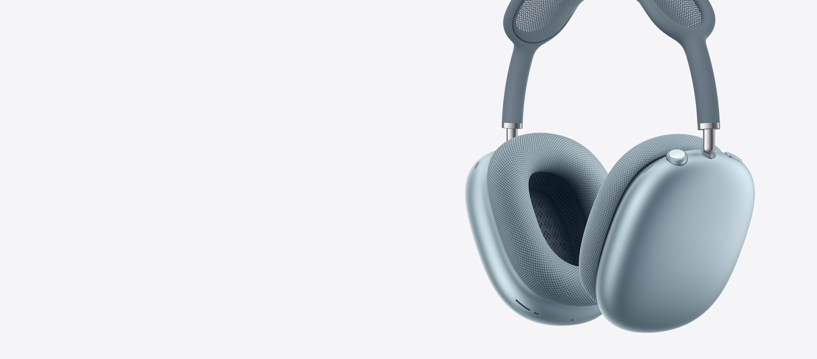 Zijkant van AirPods Max 2 koptelefoon in de kleur blauw, oorkussens aan de binnen- en buitenkant, Digital Crown