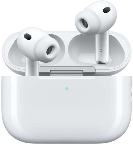 AirPods Pro 3 en MagSafe-oplaadcase (USB-C), case met afgeronde hoeken, ledlampje voor het batterijniveau, case geopend, kleur wit, draadloze oortjes met siliconen oortips, aan de binnenkant van de stelen staan de letters L en R