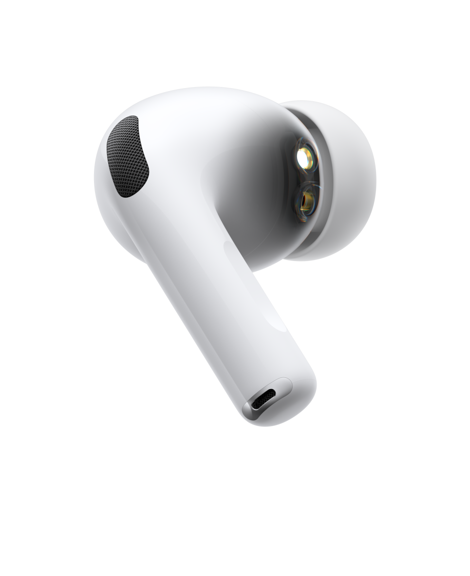 AirPods Pro 3, draadloze koptelefoon, kleur wit, zijkant, korte buisvormige steel, microfoon voor ruisonderdrukking, siliconen oortip, pulserende golf