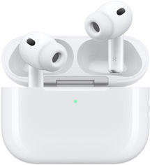 AirPods Pro 3 en MagSafe-oplaadcase (USB-C), case met afgeronde hoeken, ledlampje voor het batterijniveau, case geopend, kleur wit, draadloze oortjes met siliconen oortips, aan de binnenkant van de stelen staan de letters L en R