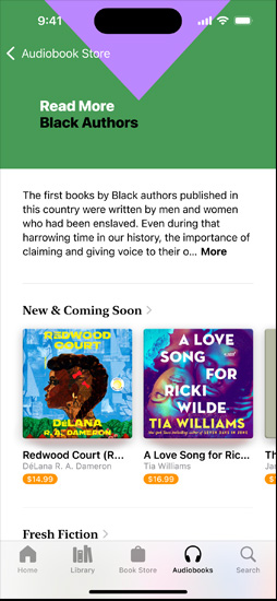 iPhone screen showing the Read More Black Authors section in the Books app, which includes an introduction about published Black authors. Below is the New and Coming Soon section, featuring two audiobooks