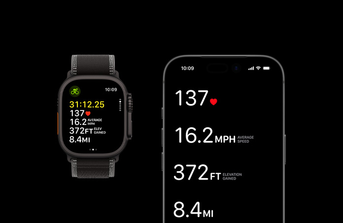 Apple Watch Ultra 3, black color, titanium case, Trail Loop, black/charcoal color,  iPhone, active workout metrics open on both devices