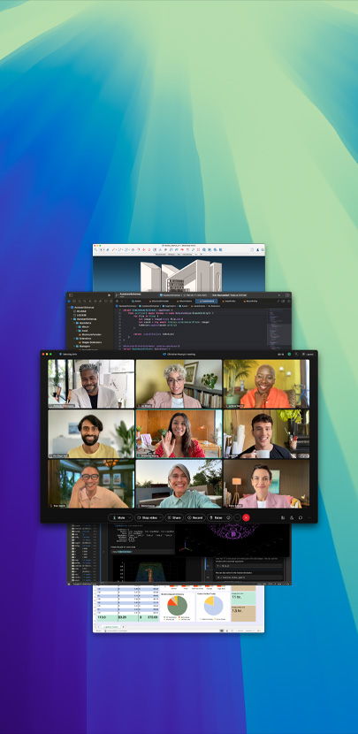 Verschillende geopende apps zijn over elkaar heen geplaatst. De app in de voorgrond is een Zoom-gesprek met meerdere deelnemers.