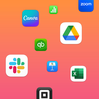 Icônes d’apps de productivité parmi lesquelles Slack, Canva, Google Workspace, Zoom, Quickbooks, Keynote, Excel, Square et Numbers sur un fond coloré.