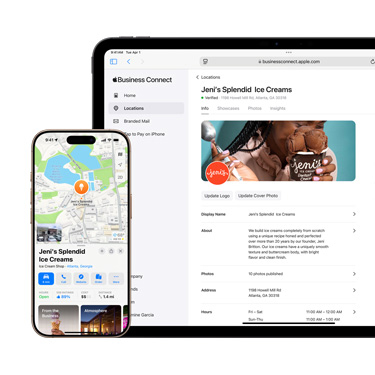 Vooraanzicht van een iPad met het Apple Business Connect-platform van een bedrijf. Vóór de iPad bevindt zich een iPhone met de Apple Kaarten-informatie van het bedrijf.