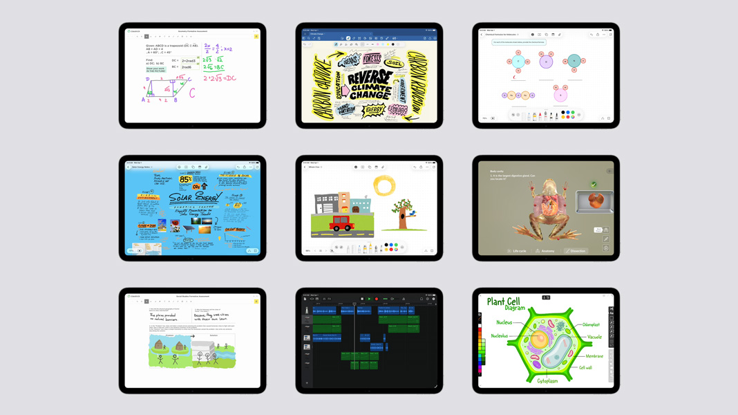 A 3-by-3 grid of iPad devices showing different educational content, including handwritten math problems, solar energy curriculum, the anatomy of a frog, a calendar schedule, and a plant cell’s structure.