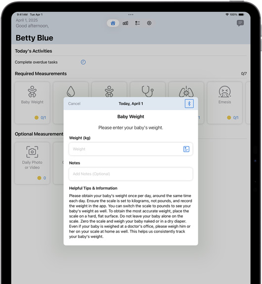 iPad-software waarin de Locus Health-app wordt weergegeven.
