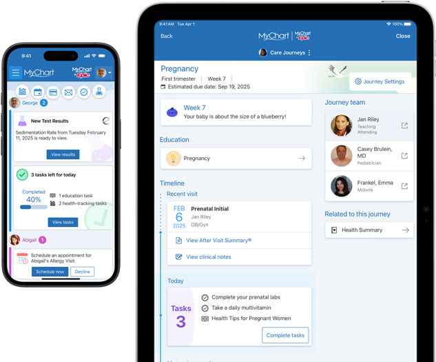 iPhone- en iPad-schermen met de Epic MyChart-app.