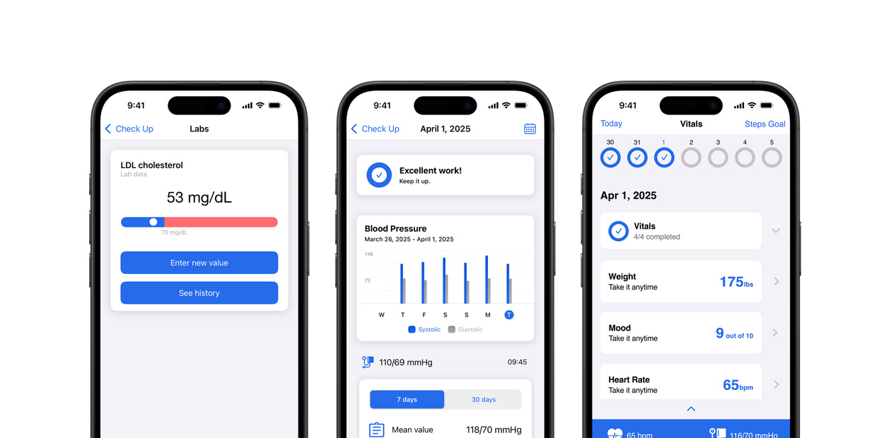 iPhone waarop de mogelijkheden van de Corrie Health-app worden weergegeven.