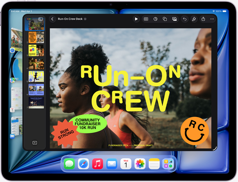 iPad Air, mode paysage, écran affichant une présentation Keynote