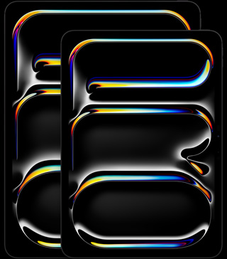 直向放置的太空黑 13 吋和 11 吋 iPad Pro 正面機身，展示圓邊設計和黑色顯示器邊框，顯示器直向展示彩色的、彎曲的抽象文字寫上「PRO」