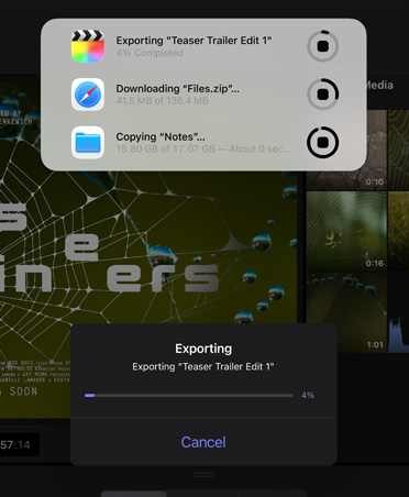 背景工作通知展示影片輸出、檔案下載以及將備忘錄移至備份