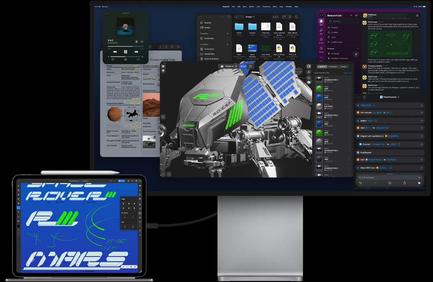 正面展示 iPad Pro 連接至精妙鍵盤，並都與外置 Mac Studio Display 連接；iPad Pro 顯示器展示圖像設計 app 中鮮豔顏色和文字，Studio Display 顯示器展示不同 app 和一個 3D 模型