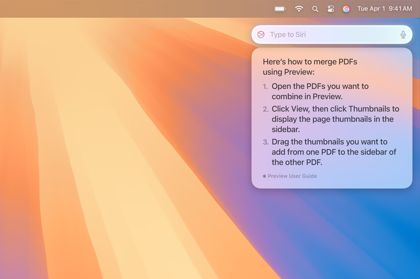 نافذة منبثقة من Siri مع معلومات كان المستخدِم يبحث عنها حول دمج مستندات PDFs متعددة.