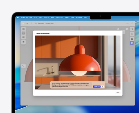Image Playground-scherm met afbeelding van een hanglamp en tekst die met generatieve AI is gegenereerd