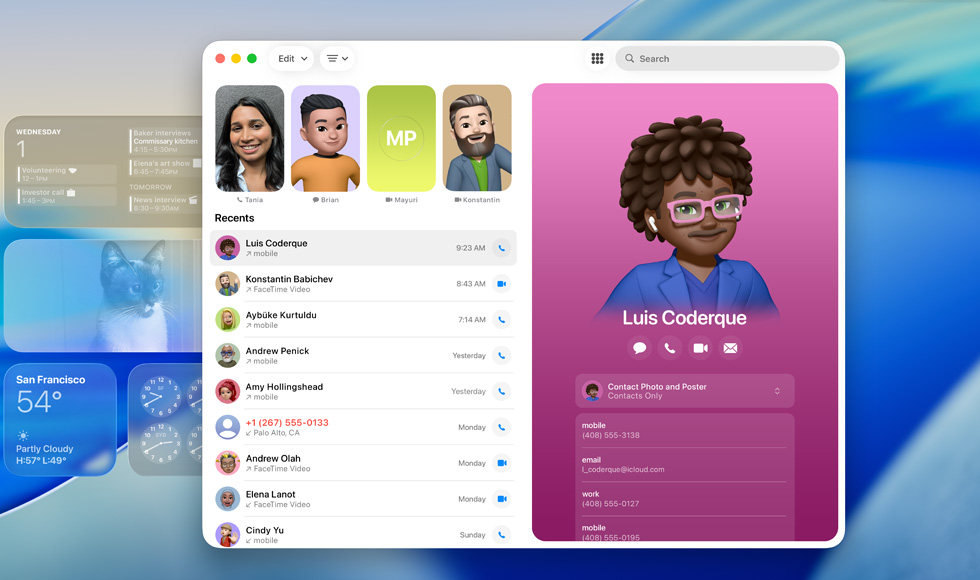 Toegangsscherm met FaceTime-app geopend, lijst met recente gesprekken naast contactkaart met Genmoji en naam van persoon