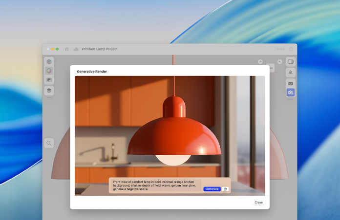 Image Playground-scherm met afbeelding van een hanglamp en tekst die met generatieve AI is gegenereerd
