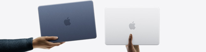 MacBook Neo-laptops in meer kleuren, elke laptop wordt door iemand anders vastgehouden
