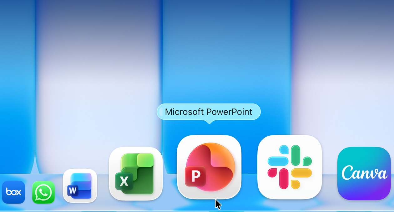 macOS-bureaublad met diverse apps in het Dock en de Microsoft PowerPoint-app gemarkeerd