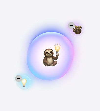 Genmoji-feature in actie, emoji van een luiaard die een gloeilamp vasthoudt, met ernaast een kleinere emoji van een luiaard en van een gloeilamp