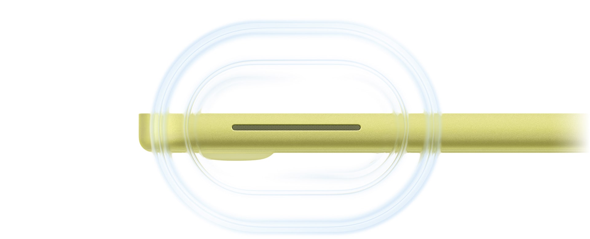 Opengeklapte MacBook Neo, kleur Citrus, geluidsgolven lopen van de speaker aan de rechterkant van de computer naar de voorkant