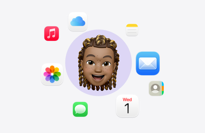 Emoji van een lachend gezicht omringd door symbolen van verschillende apps: Muziek, iCloud Drive, Notities, Mail, Contacten, Agenda, Berichten en Foto’s
