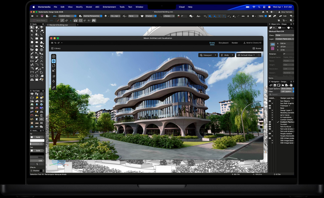 Scherm van MacBook Pro met Vectorworks Design Suite en Maxon Redshift