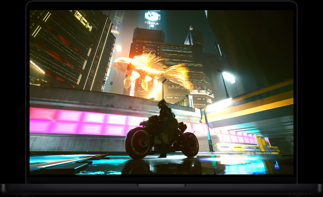 Scherm van de game Cyberpunk 2077: Ultimate op een MacBook Pro